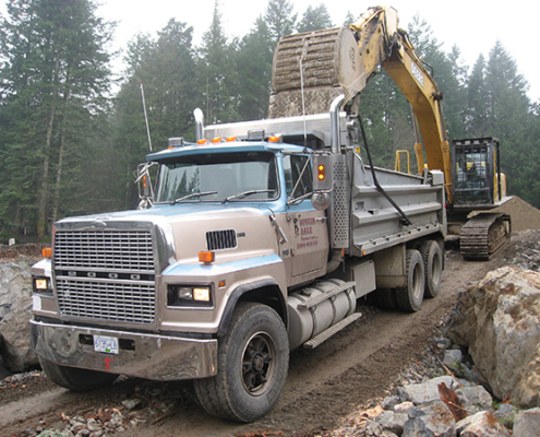 An excavator and filling a loader truck